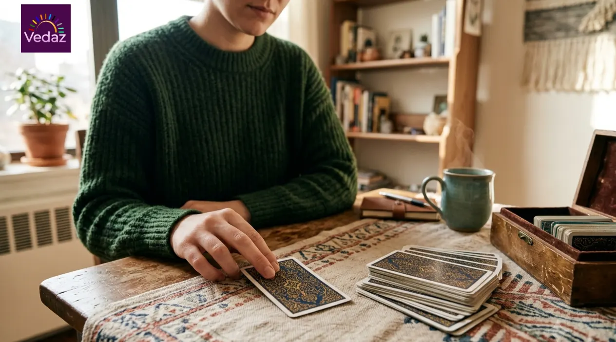 A person in a green sweater draws a tarot card