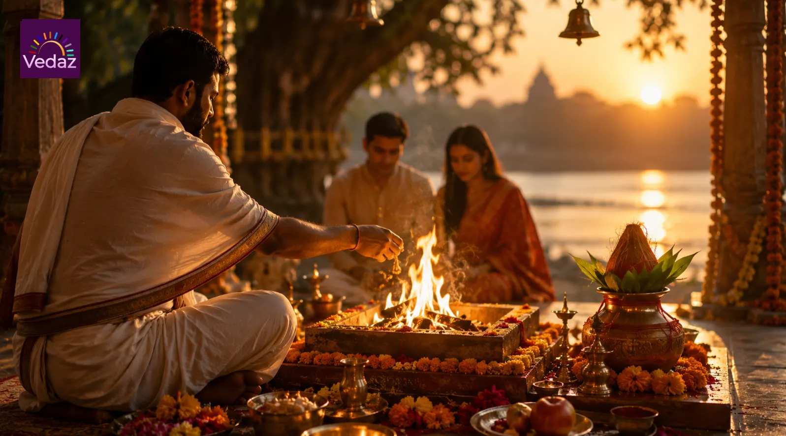 Priest performing fire ritual before flower-covered altar