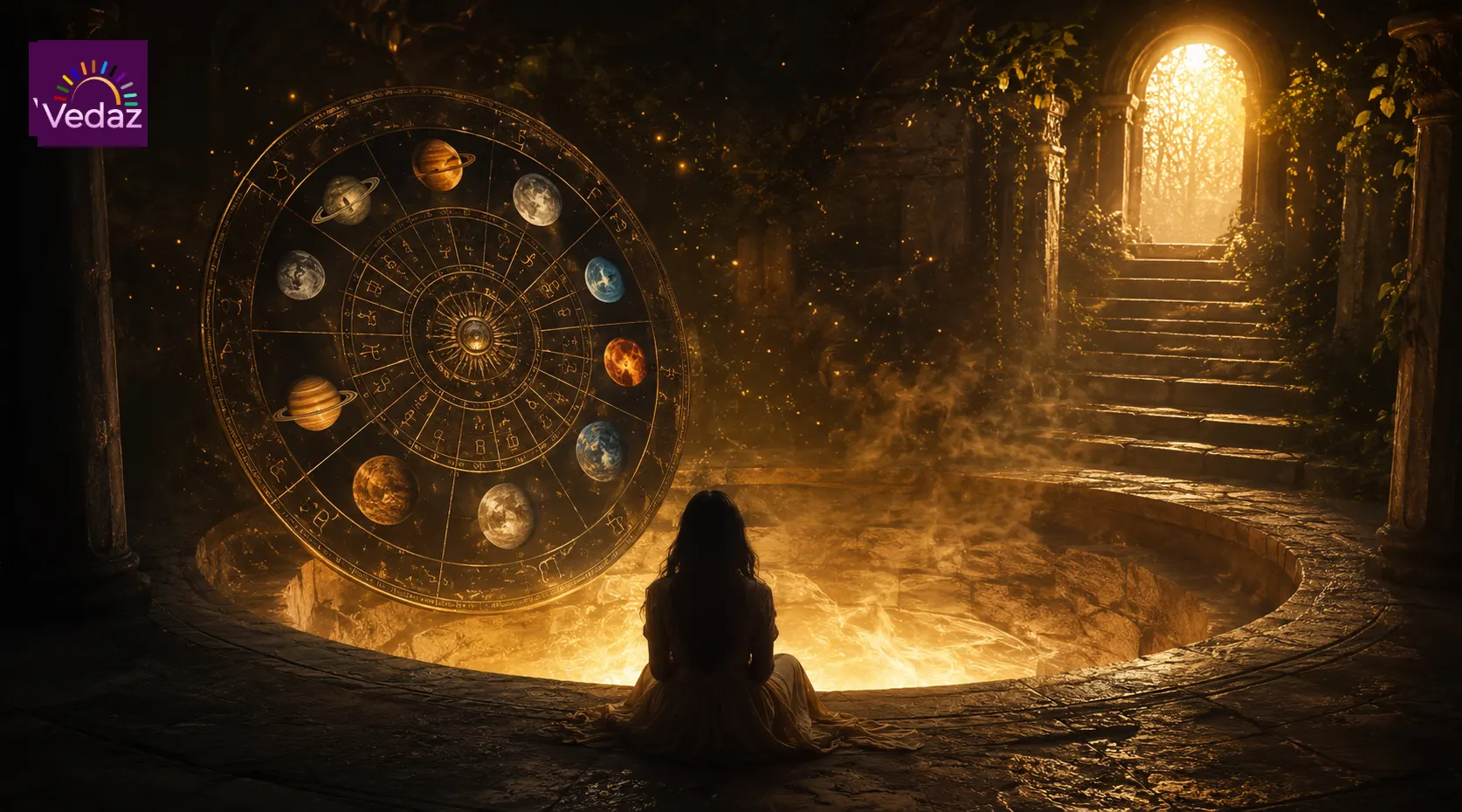 Woman beside glowing pit and planetary zodiac wheel