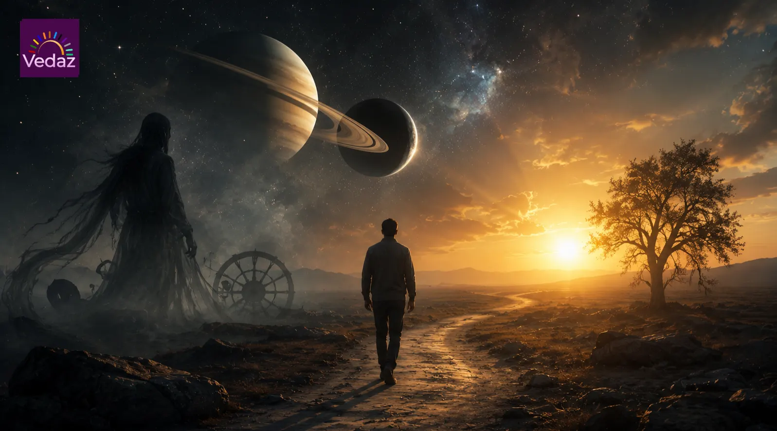 Traveler walking beneath ringed planet and shadowy apparition
