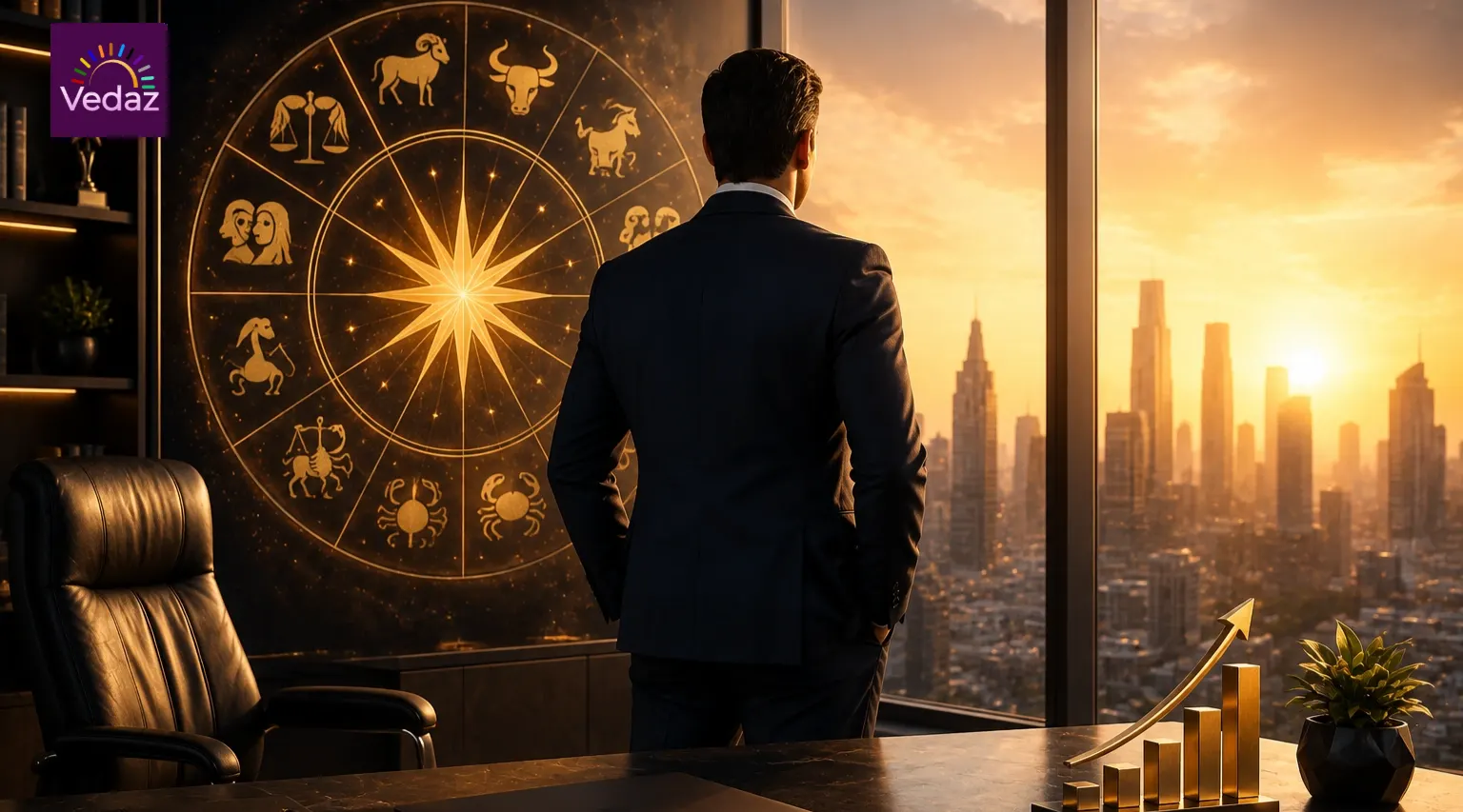 Executive overlooking city skyline beside glowing zodiac wheel