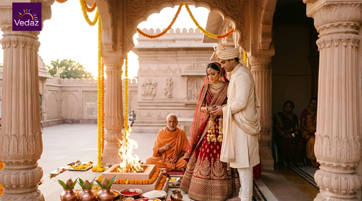 Indian couple at a temple wedding ceremony with a ceremonial fire