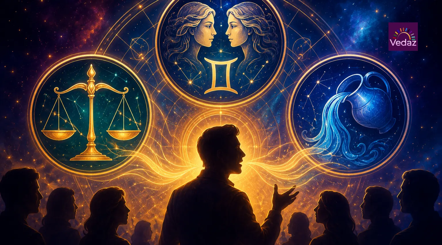 Man before zodiac wheels with silhouetted crowd beneath stars
