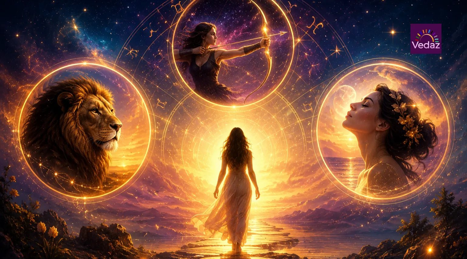 Woman standing before glowing circles containing lion and archer