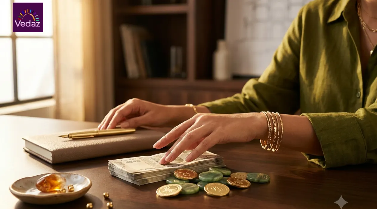 Hand near stack of money and coins with zodiac symbols