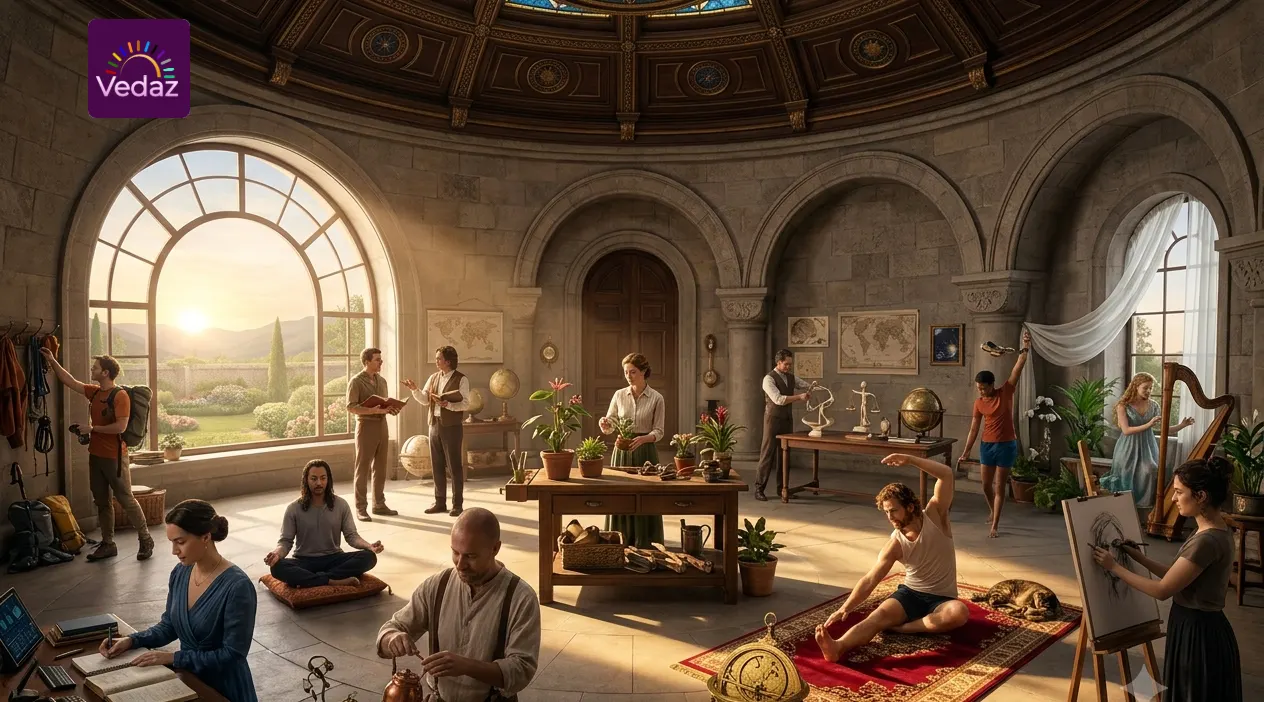 Sunlit stone sanctuary showing figures engaged in diverse morning activities like meditating, painting, and gardening.