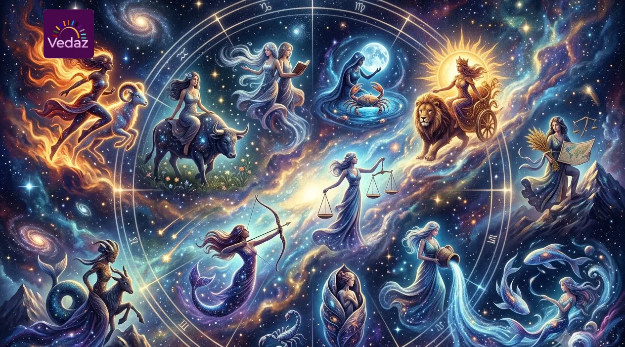 Celestial wheel with twelve ethereal female figures embodying the zodiac signs in a cosmic nebula.