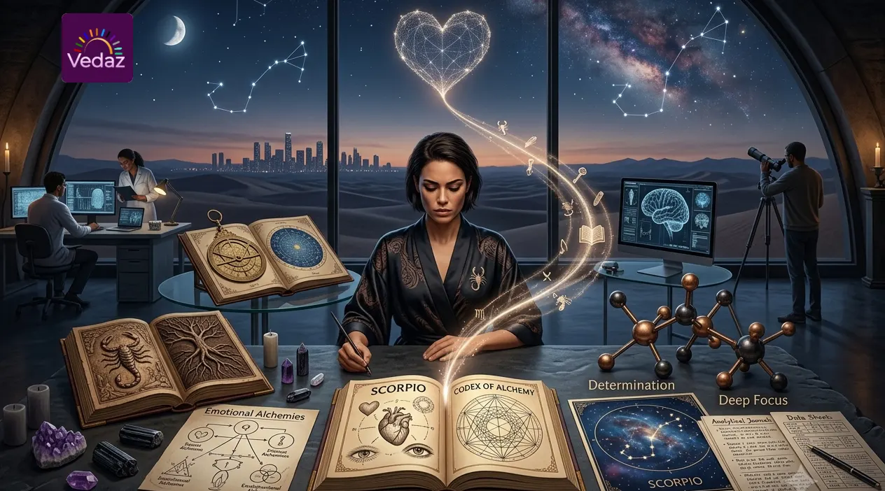 A dark, elegant study room featuring open spellbooks labelled "Scorpio" and "Codex of Alchemy", surrounded by crystals and molecular models.