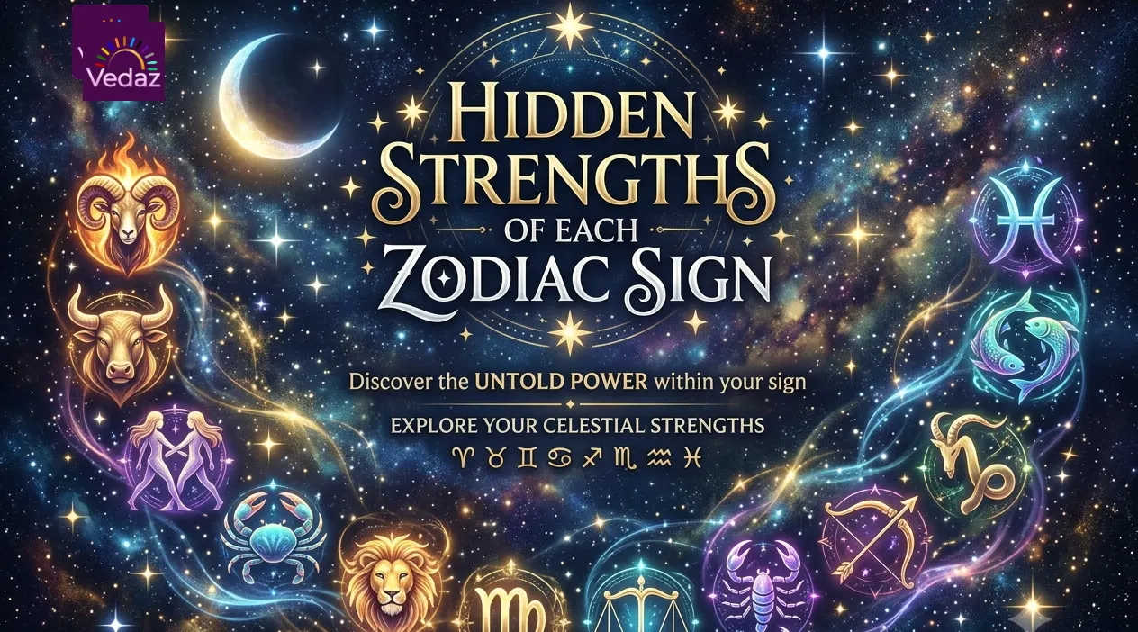 Hidden strengths of each zodiac sign with all 12 zodiac symbols in a cosmic astrology background