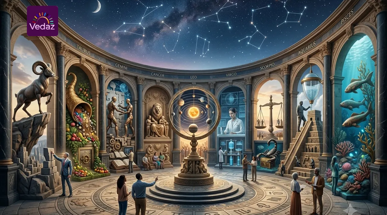 A grandeur stone hall lined with classical arches, displaying detailed statues and symbolic exhibits representing all twelve zodiac signs.