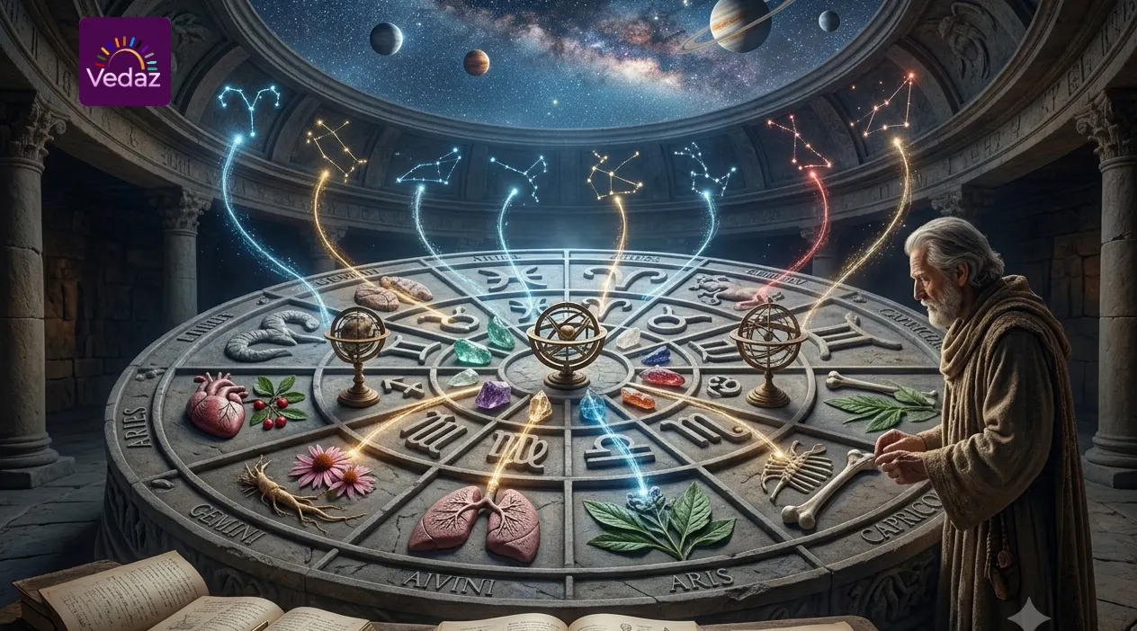 An ancient stone observatory table featuring an astrological wheel, anatomical illustrations, medical herbs, and glowing constellation rays.