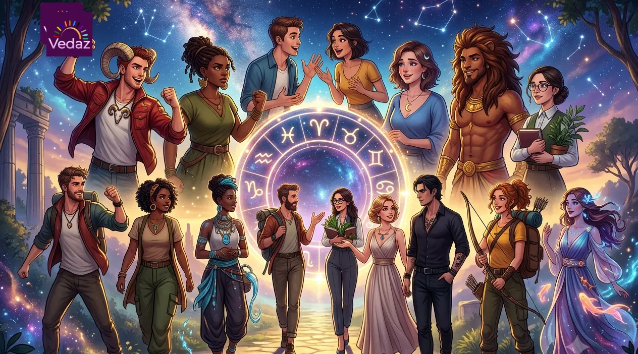 Zodiac signs and diverse personalities illustrated through astrology, mythology, and celestial symbolism.