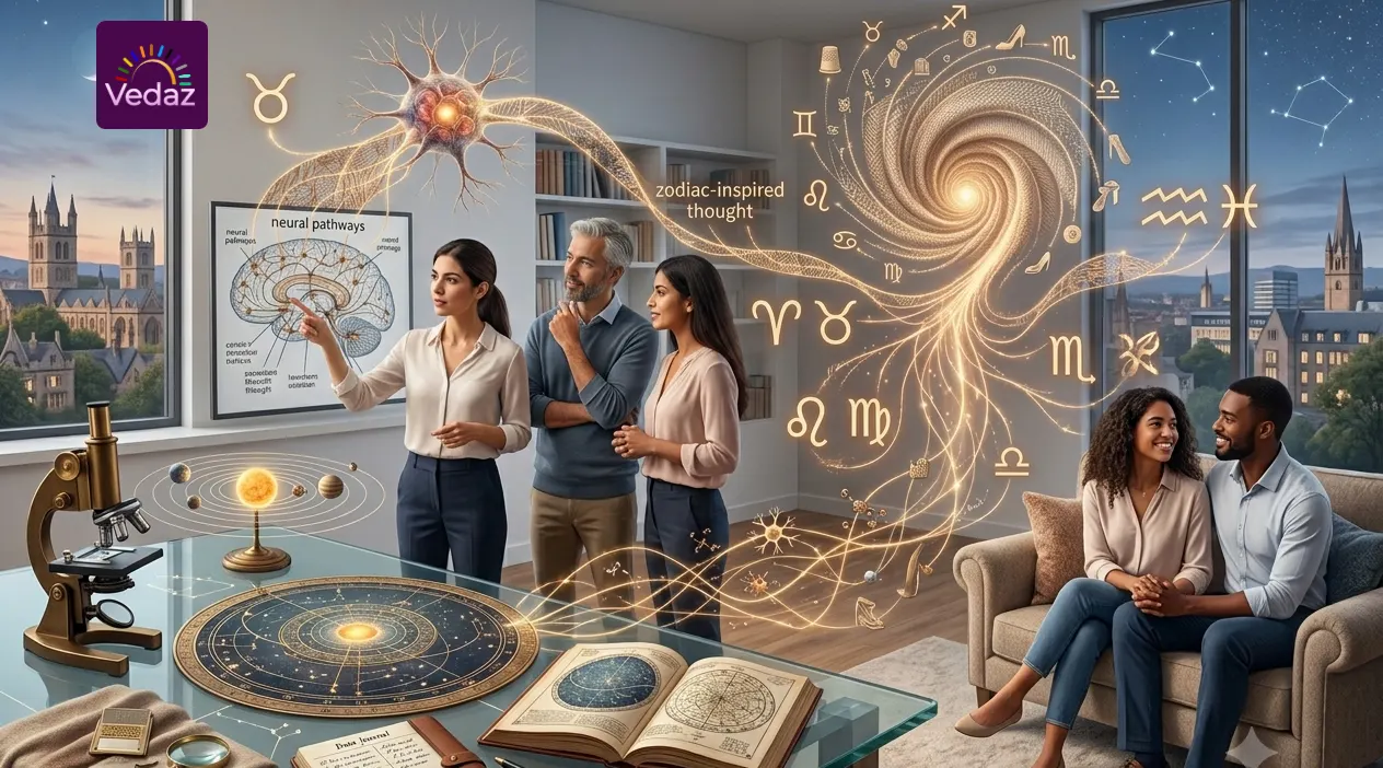 A contemporary studio setting featuring floating zodiac symbols intertwined with subtle fashion icons like high heels and thimbles.