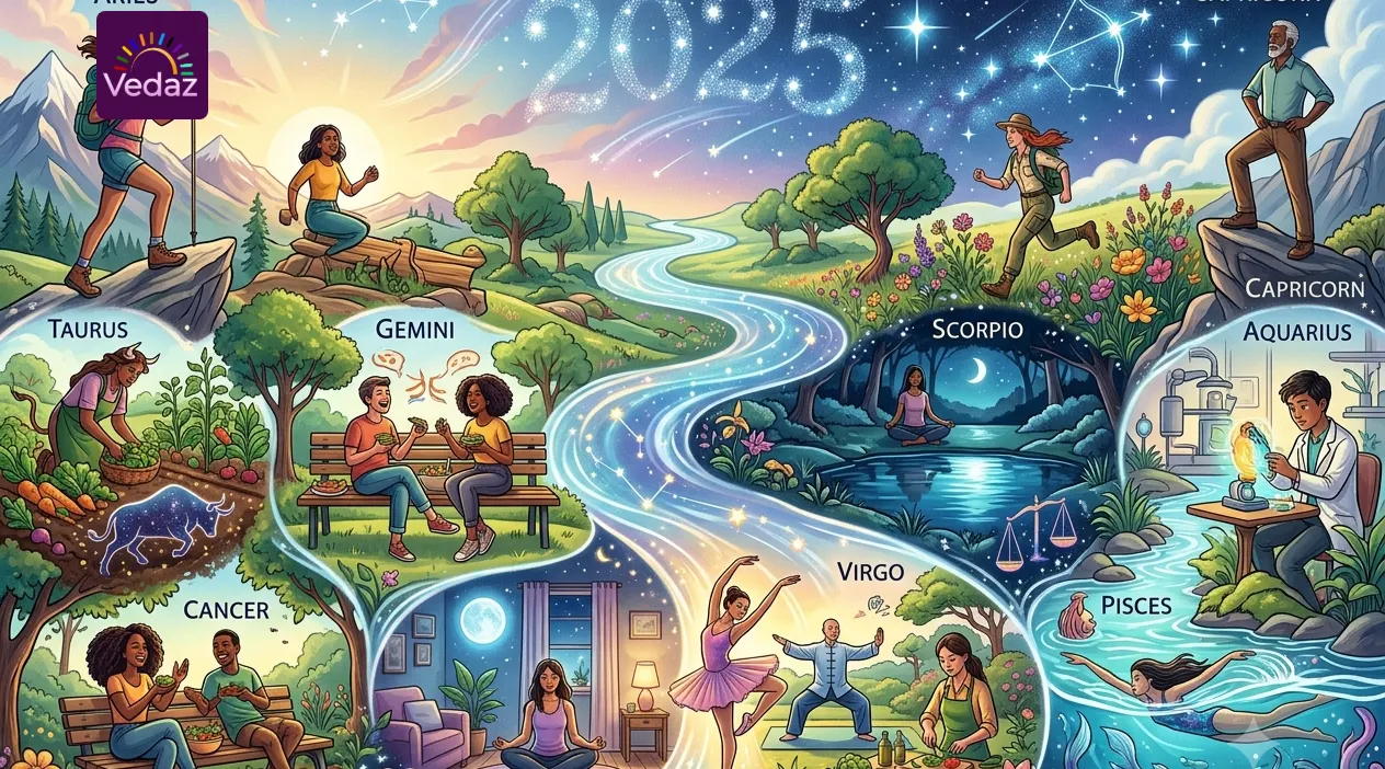 Landscape featuring figures engaged in healthy activities along a winding river labeled with zodiac signs.