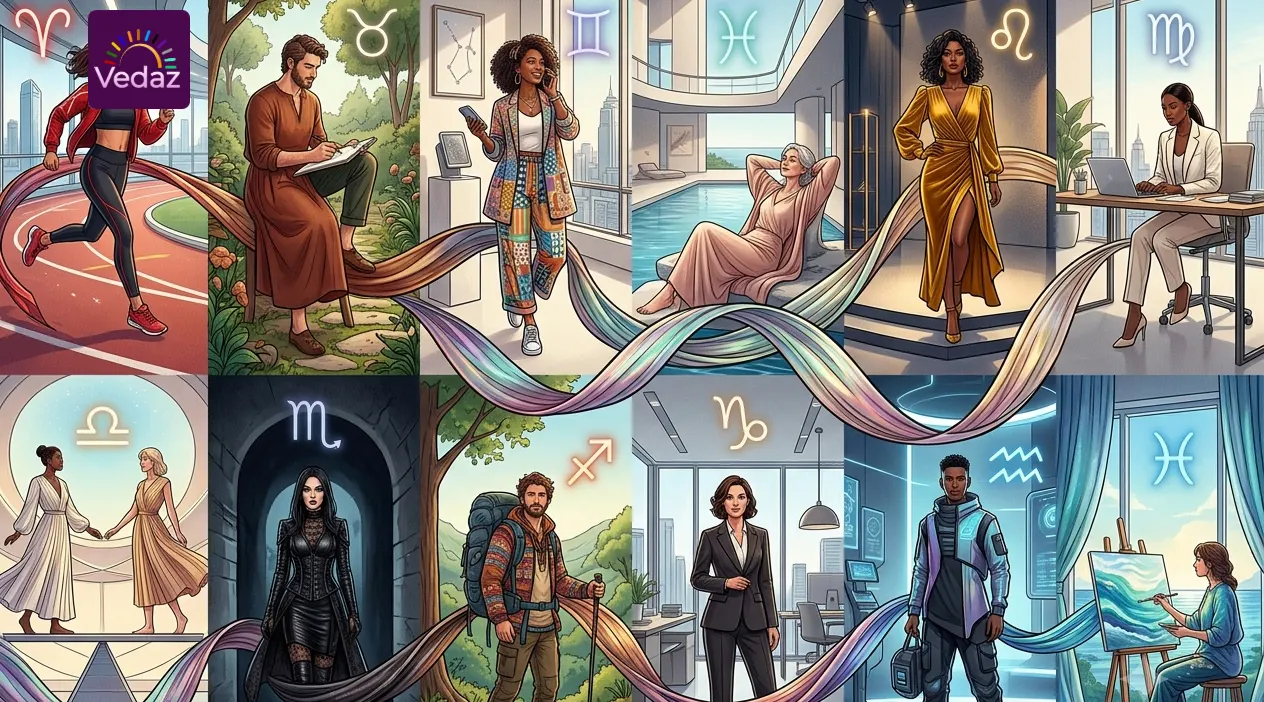 Split panel displaying diverse figures wearing distinct astrological fashion styles connected by a glowing ribbon.