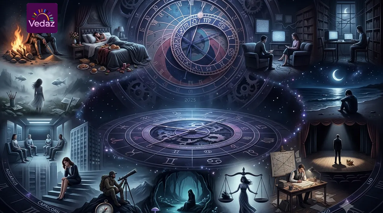 Moody scene featuring a central astrological clock flanked by panels depicting quiet, reflective emotional moments.