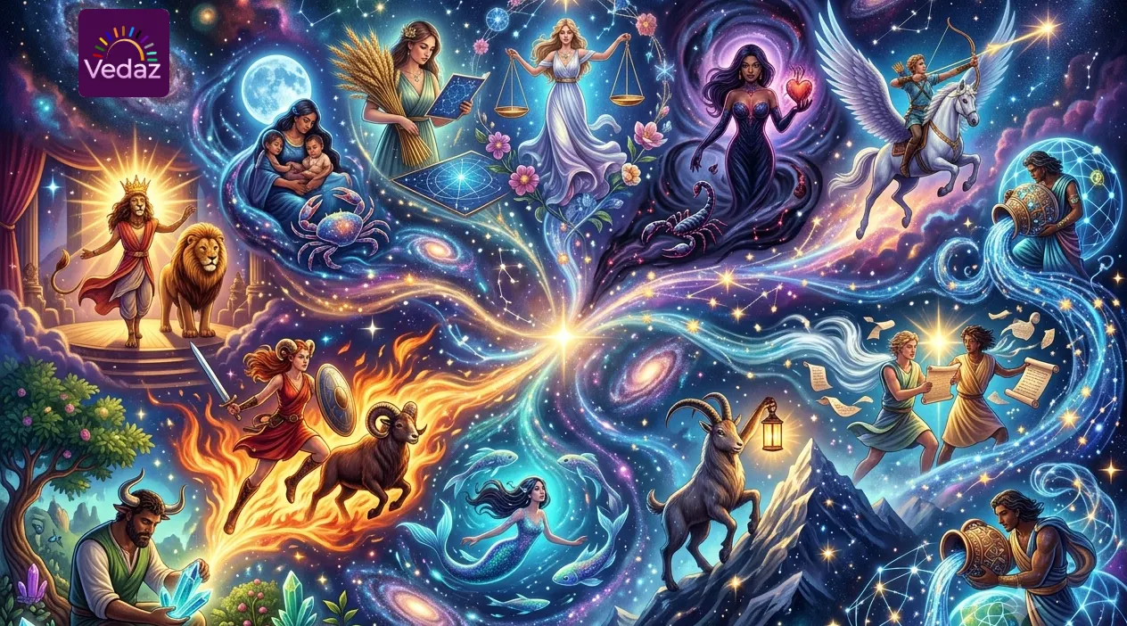 Cosmic array of zodiac symbols and figures illustrating unique inner strengths against a starry backdrop.