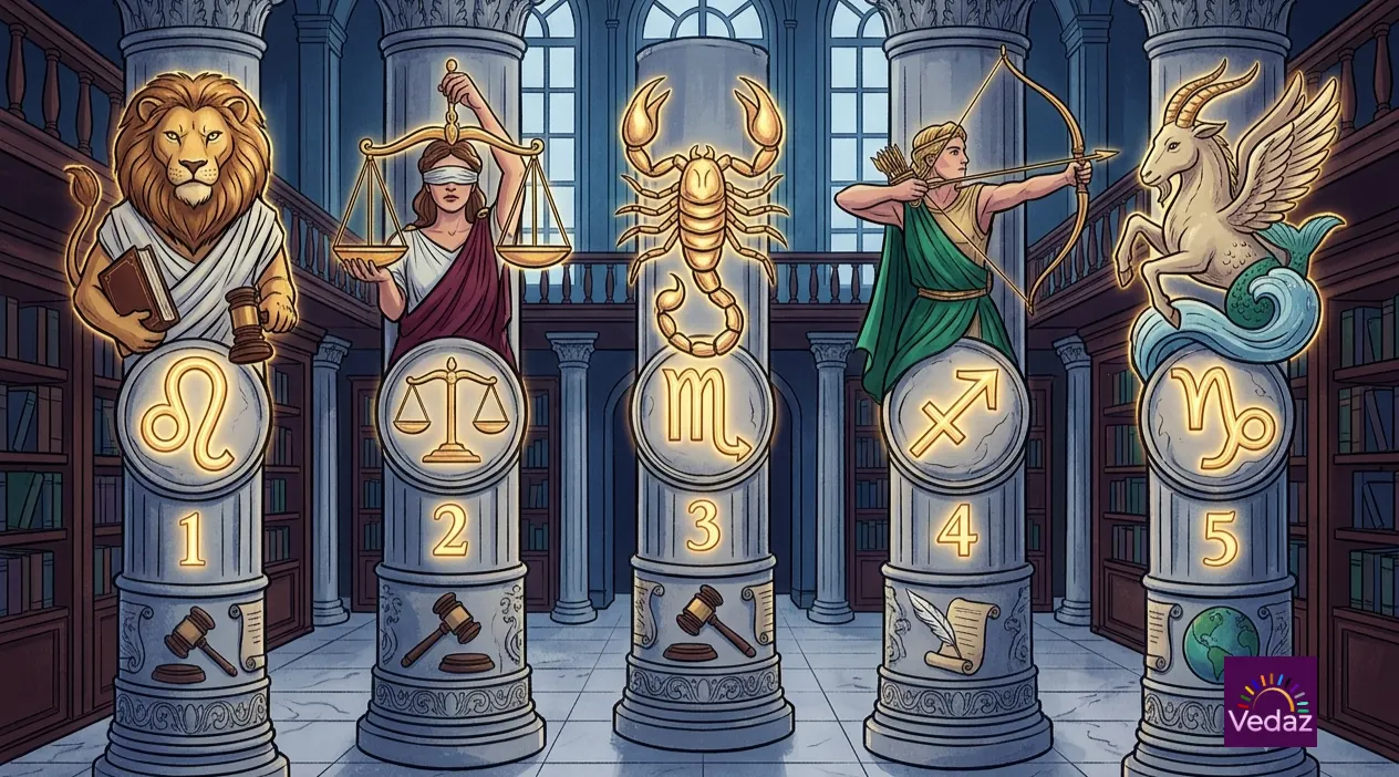 Five golden zodiac symbols and numbered gavels rest on stone columns in a library