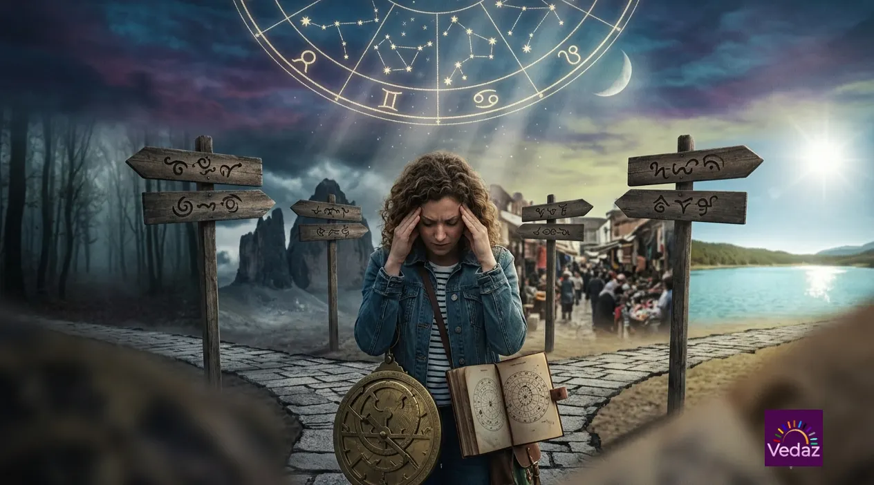 A woman holding her head in distress stands at a crossroads beneath an astrological wheel