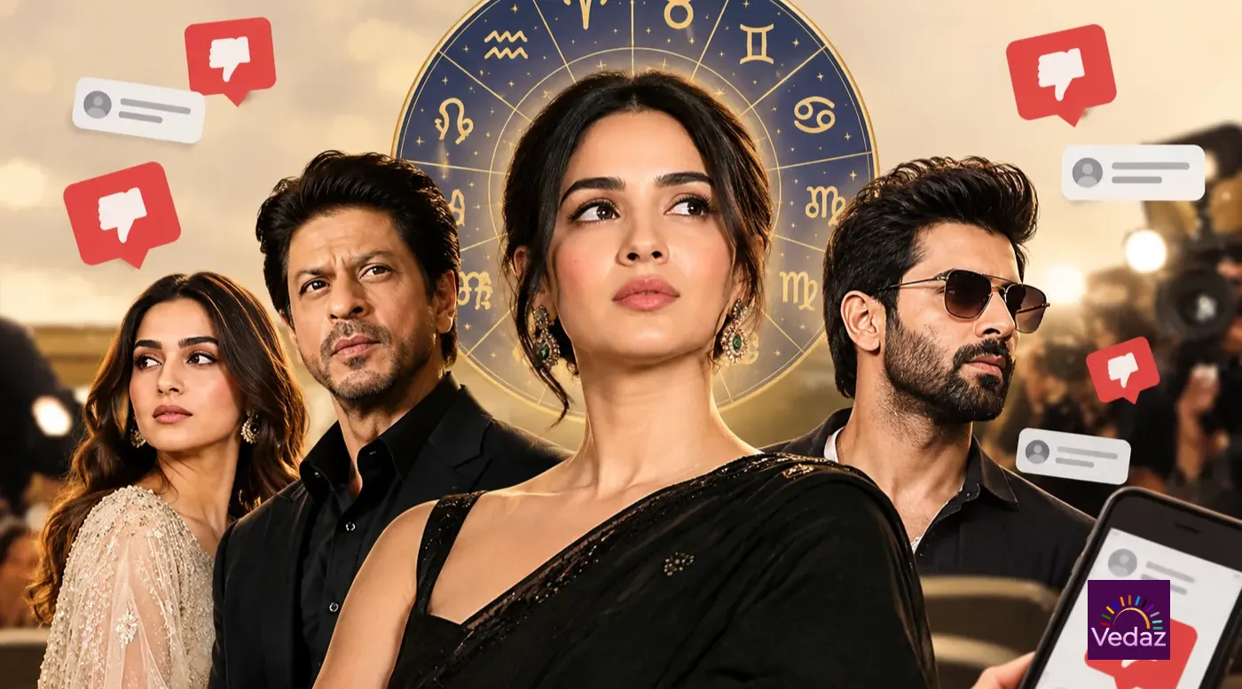 Four actors beside zodiac wheel and phone with dislike icons