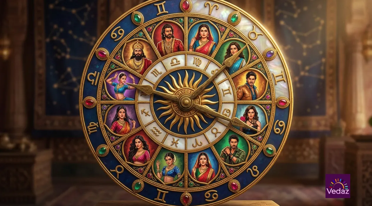 A ornate golden zodiac wheel featuring symbols and miniature painted portraits