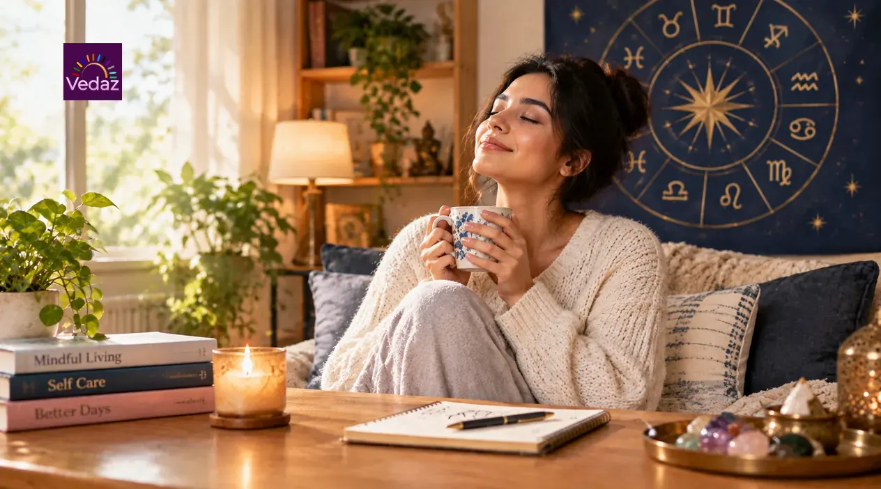 Woman relaxing tea self-care zodiac astrology
