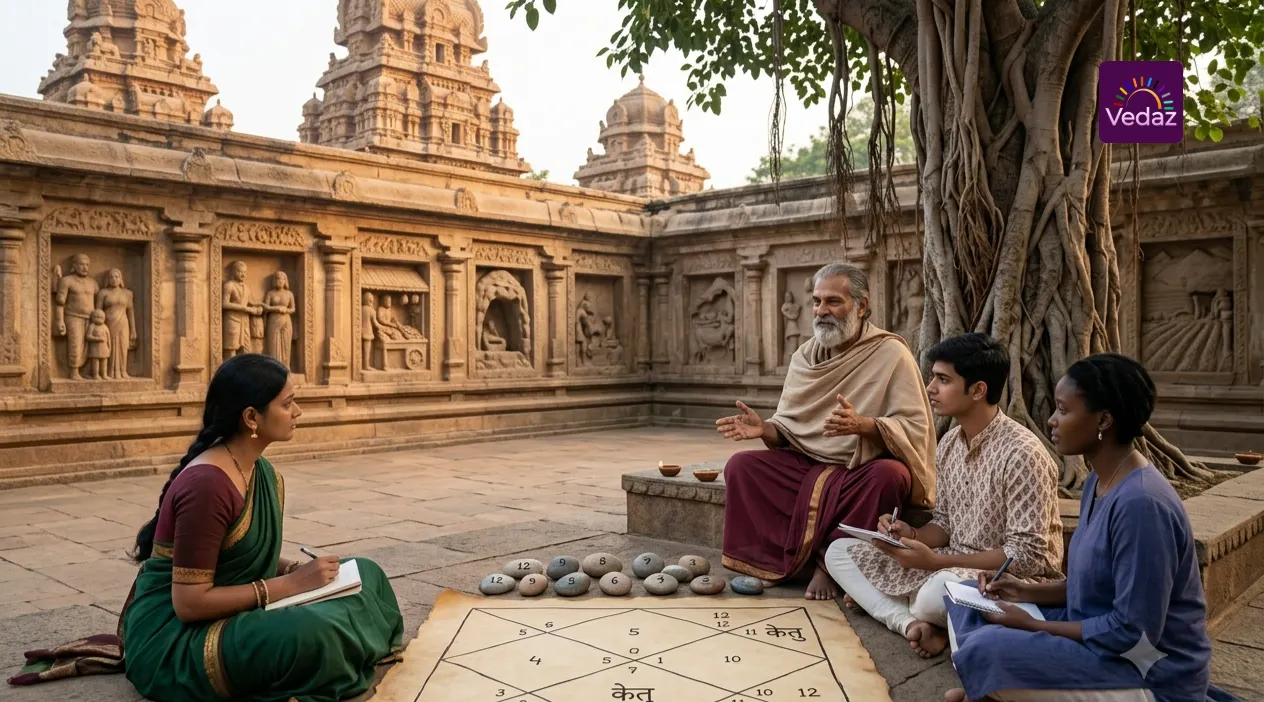 Guru explaining a Vedic horoscope chart drawn on parchment to students at an ancient stone temple complex