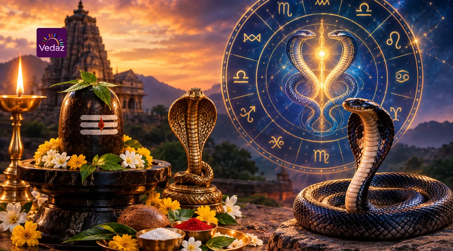 Shiva lingam, cobra idols, and cosmic serpent zodiac wheel at sunset