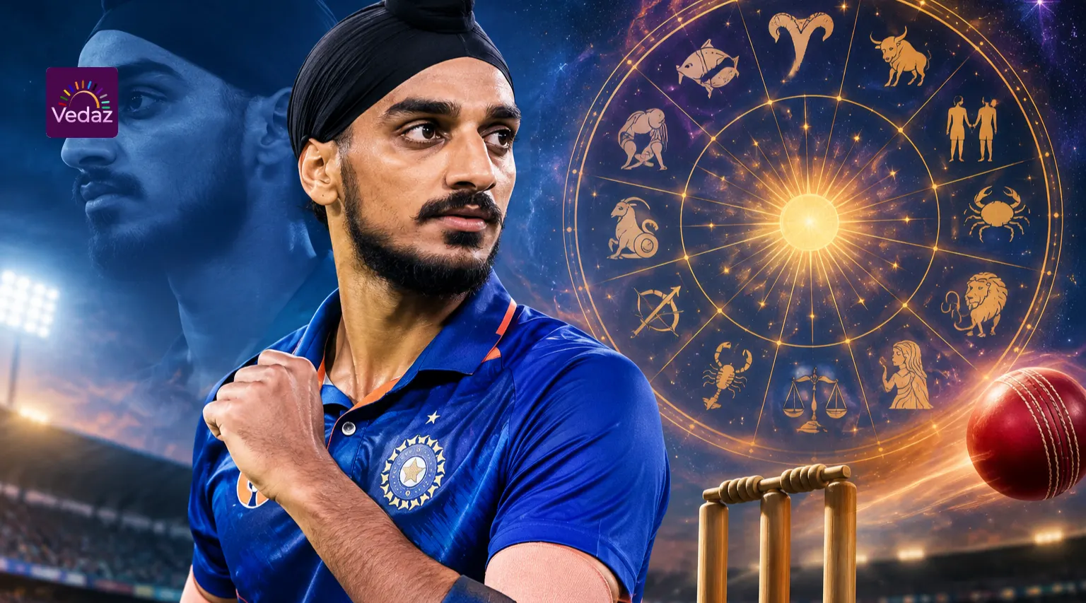 Arshdeep Singh with Saturn-inspired zodiac wheel and cricket stadium
