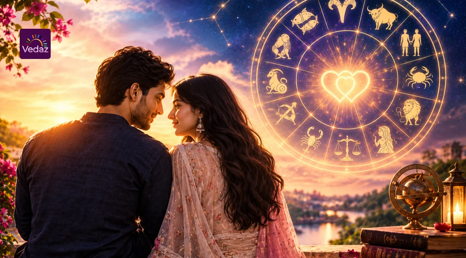 Romantic couple beneath a glowing zodiac wheel symbolizing love and destiny
