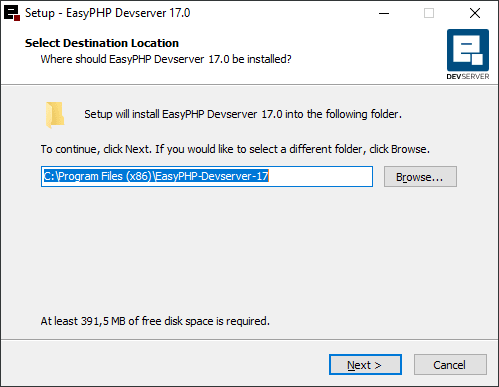 Choosing EasyPHP Installation Folder Location