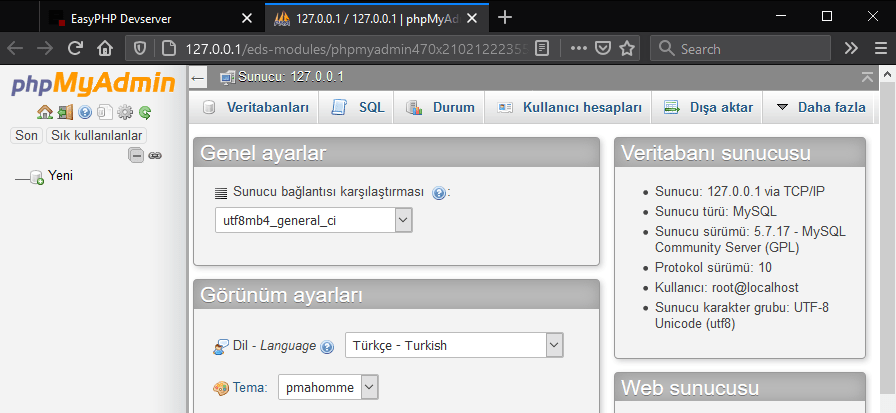 EasyPHP Kurulum PhpMyAdmin