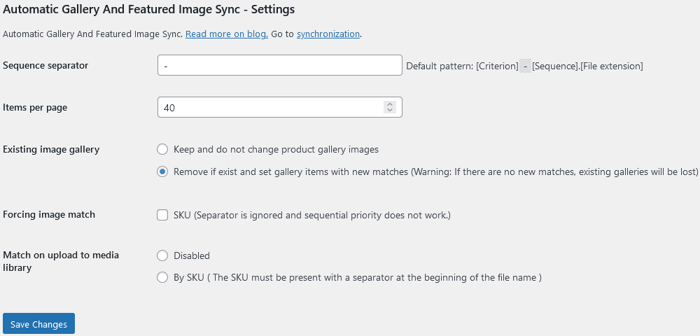 Automatic Gallery And Featured Image Sync Pro Settings