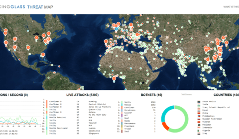 Atcom Cyber Security image from maps.lookinglasscyber.com: Live Botnet results in 2 minutes, 5307 attacks, 15 botnets, 130 countries.