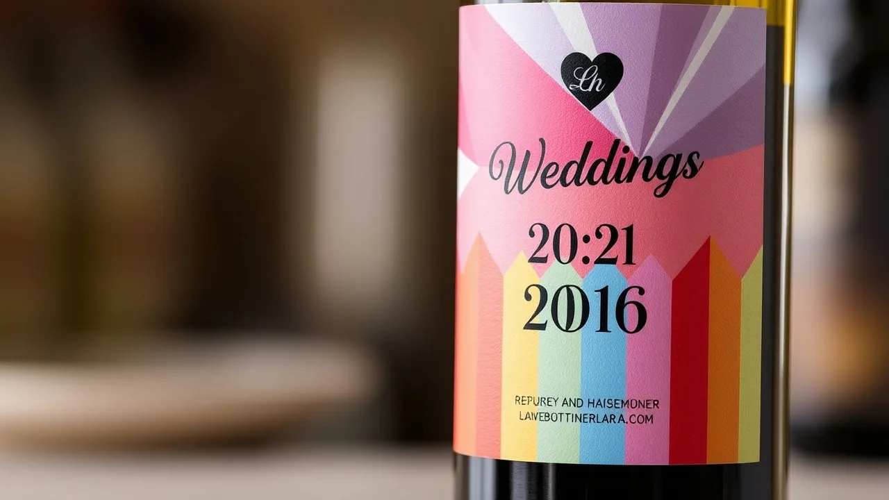 Une bouteille avec une étiquette colorée portant la date du mariage.