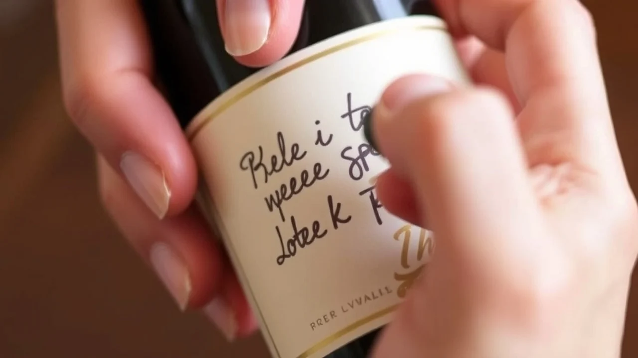 Une personne concevant une étiquette sur un ordinateur avec des bouteilles de vin en arrière-plan.