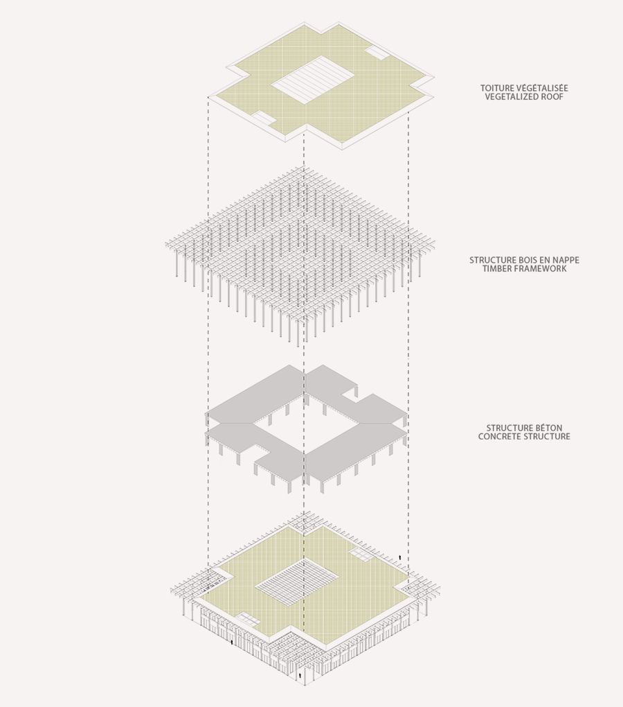 Architecture - Bâtiment d'exploitation dans le Parc de la Villette à Paris - axonométrie - 01bis
