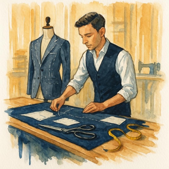 Coupe du tissu à l'atelier : patrons épinglés sur un drap de laine marine