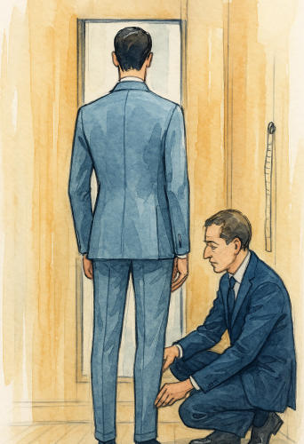 Essayage d'un costume bleu clair vu de dos, un tailleur agenouillé ajuste le bas du pantalon.