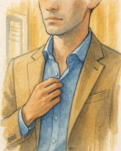 Gros plan d'une main ajustant le col ouvert d'une chemise bleue sous une veste beige.