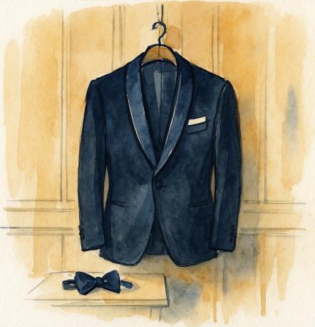 Veste de smoking bleu nuit à revers châle satiné, sur un cintre, pochette blanche à la poitrine et nœud papillon posé dessous.