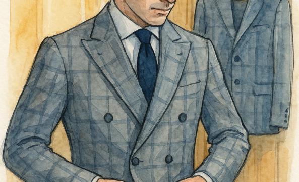 Homme boutonnant une veste croisée à carreaux Prince de Galles, seconde veste sur un cintre.