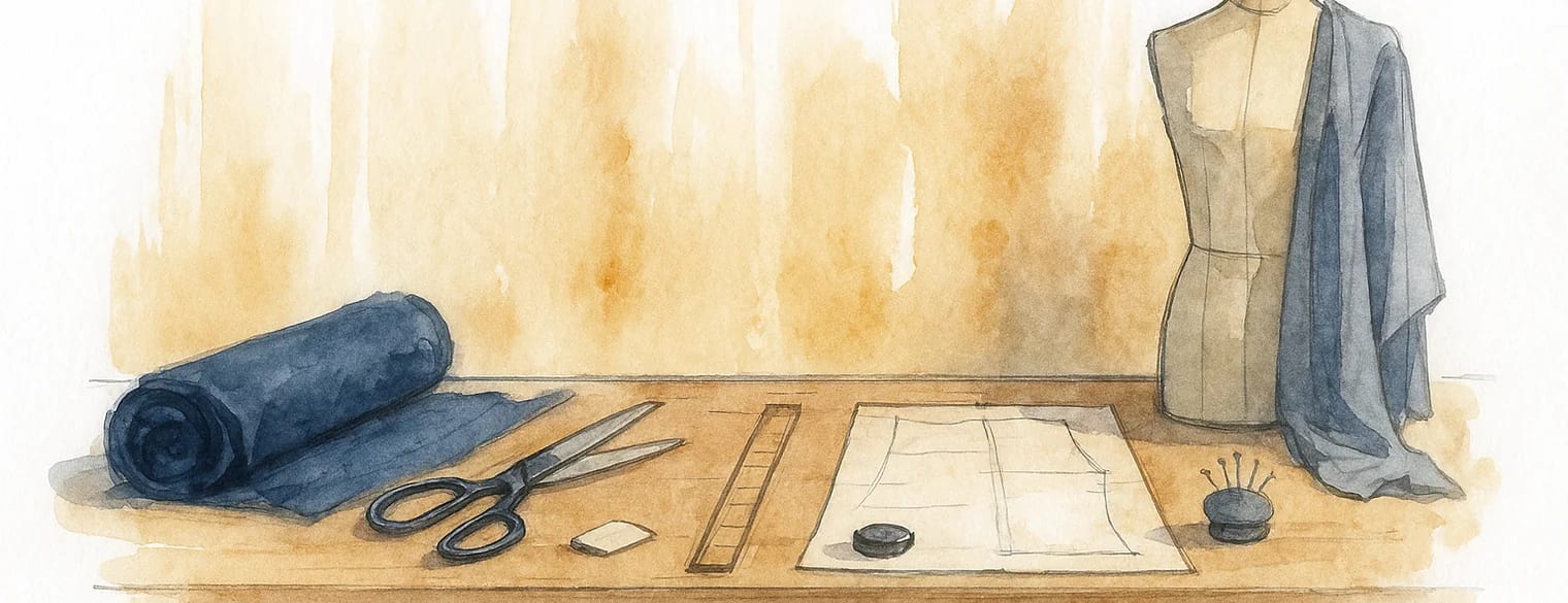 Table de coupe de l'atelier : rouleau de laine bleu nuit, ciseaux de tailleur, patron en papier et mannequin de couture, aquarelle