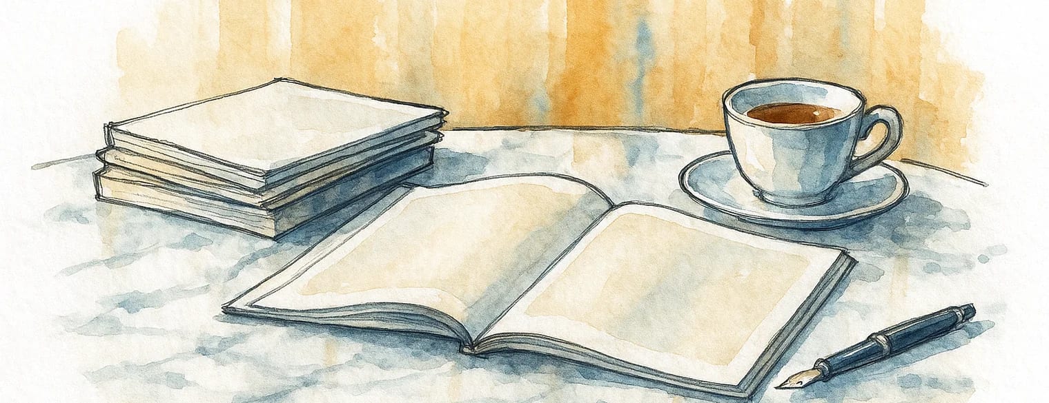 A stack of magazines and one lying open on a café table, an espresso cup and a fountain pen beside them, watercolour