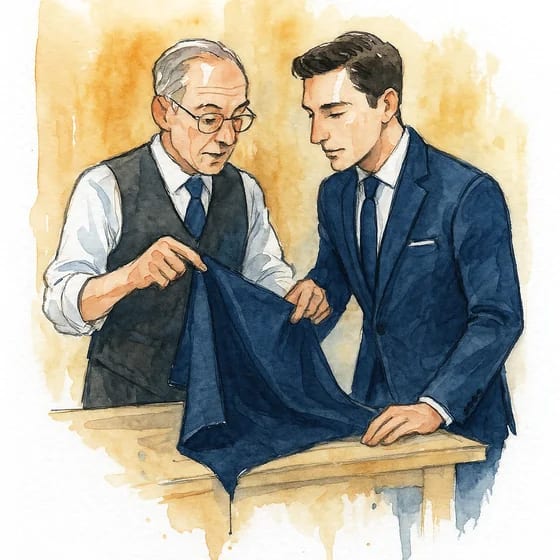 Un tailleur montre une pièce de laine bleu nuit à un plus jeune, aquarelle