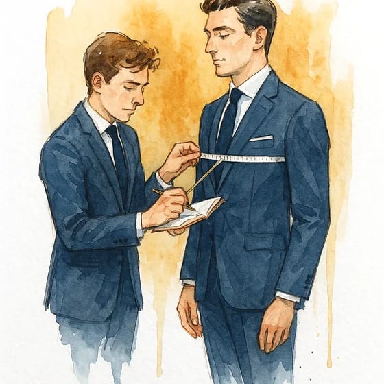 Un jeune conseiller prend la mesure de poitrine d'un client debout, carnet et crayon dans l'autre main, aquarelle
