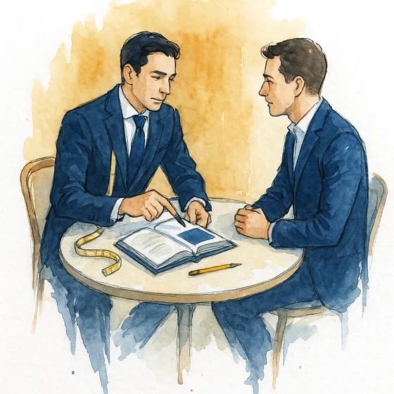 Un conseiller montre un carnet de tissus ouvert à son client, assis face à lui autour d'une table ronde, mètre ruban et crayon posés, aquarelle