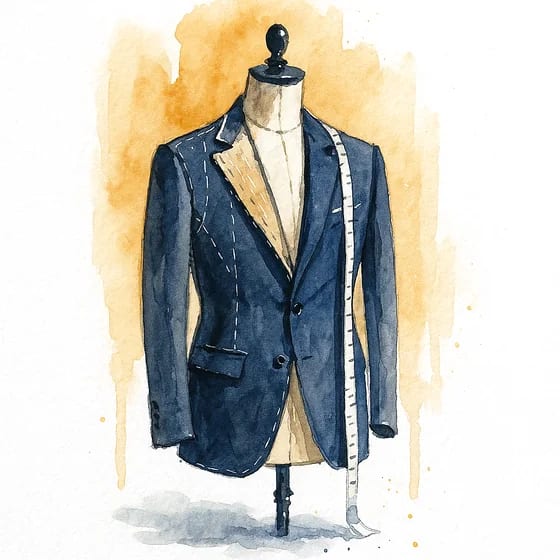 Mannequin de couture portant une veste en cours de montage, bâtis blancs apparents et mètre ruban sur l'épaule, aquarelle