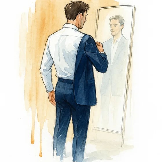 A man trying on a navy jacket in front of a tall mirror, watercolour