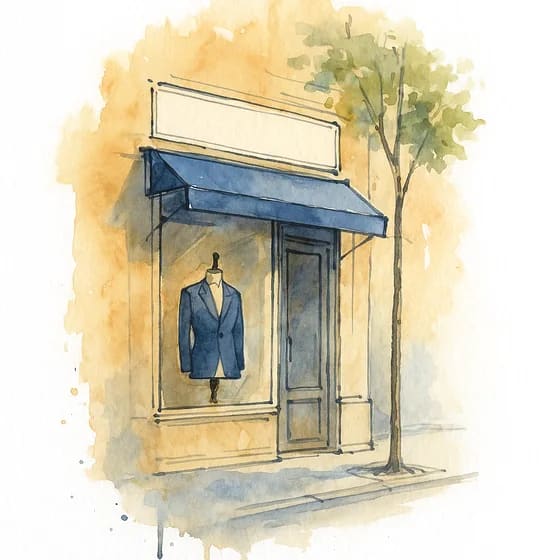 The shopfront of a Parisian tailor, a dressed form in the window under the awning, watercolour